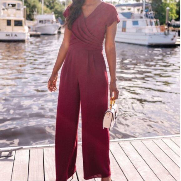 Gal Meets Glam Size 00 Delaney Jumpsuit Wine New Holidays Office Wedding Guest - Picture 2 of 16